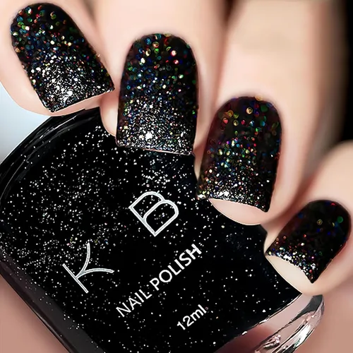 Vista 7 de COSMOO Esmalte de uñas de glitter negro de secado rápido, 12 ml, resistente a las astillas, vegano, de secado rápido, con vetas, de larga duración