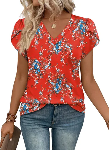 Vista 16 de WIHOLL Camisetas casuales de verano con cuello en V para mujer Negro