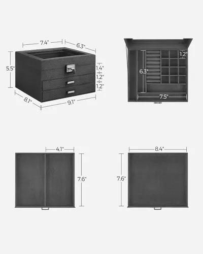 Vista 6 de SONGMICS Joyero, organizador de almacenamiento de joyas con cerradura, caja de joyería con ventana de cristal, para anillos, aretes, tachuelas