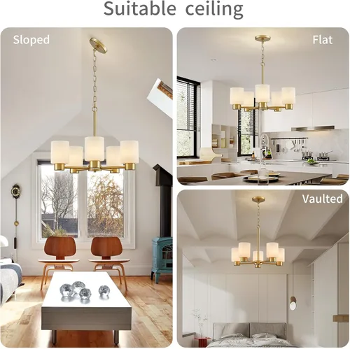 Vista 6 de WUZUPS Lámpara colgante de 5 luces, pantalla de vidrio blanco esmerilado con iluminación de techo de grano, elegante accesorio moderno para baño