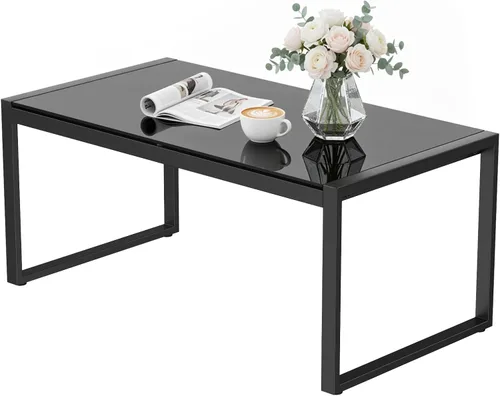 Vista 9 de ONBRILL Mesa de café rectangular con escritorio de vidrio templado, mesa de café para exteriores con marco galvanizado y pies ajustables para patio