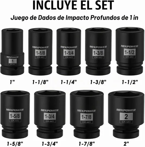 Vista 3 de MIXPOWER 9 piezas 1" de impulsión juego de llaves de impacto profundo, 6 puntas, 1" - 2", CR-MO, SAE, profundo, 1" Dr. juego de llaves de impacto
