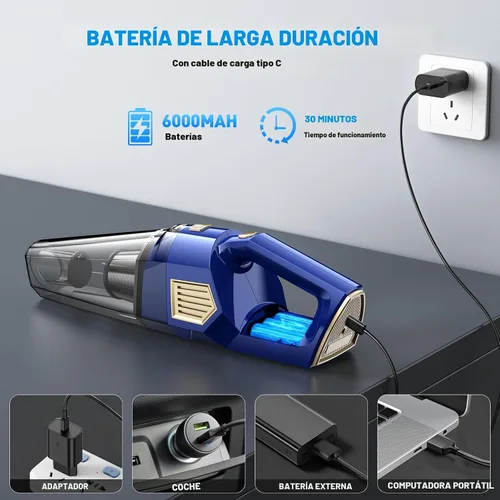Vista 6 de Aspiradora de mano inalámbrica, 15000 PA, potente aspirador de succión para automóvil, ligero con múltiples accesorios, aspiradora de mano