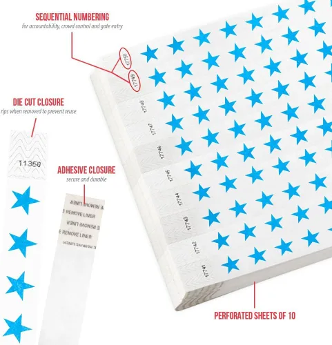 Vista 2 de 500 pulseras Tyvek de estrellas azules Wristco para eventos, a prueba de manipulaciones Cómoda pulsera Tyvek resistente al agua y al desgarro