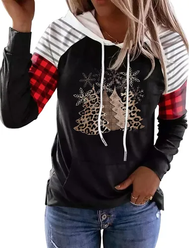 Vista 25 de LLHXRUI Sudadera de Navidad con diseño de árbol a cuadros y rayas para mujer, camiseta con bolsillo con capucha, manga larga, bloque de color Como