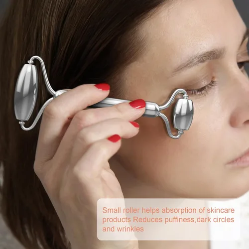 Vista 4 de Rodillos de acero inoxidable Gua Sha y cara - Rodillo de metal para ojos y cuello, herramientas de masaje facial antienvejecimiento, kit de Jgs-1
