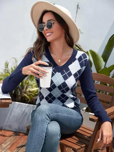 Vista 6 de Suéter Zaful de punto, con cuello en V, patrón de rombos, para mujer