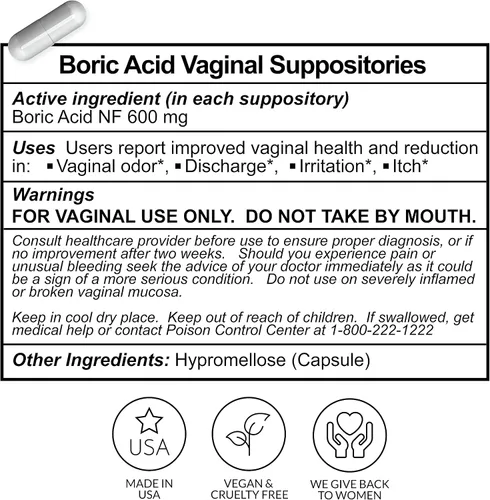 Vista 6 de Flower Power Supositorios de ácido bórico para mujeres, 30 cápsulas, 600 mg para equilibrio y frescura del pH vaginal, vegano, fabricado en Estados