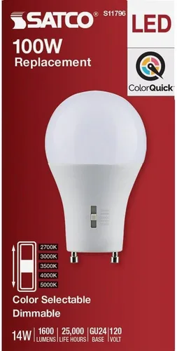 Vista 3 de Satco S11796 LED A19 de 14 vatios; base GU24 de dos pines; CCT seleccionable; 120 voltios; acabado blanco