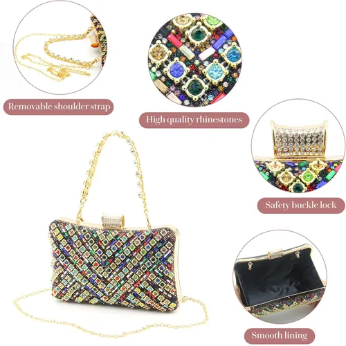 Vista 3 de Bolso de mano de noche con diamantes de imitación brillantes, bolso de hombro de cristal para mujer, fiesta, graduación, boda, caja de regalo