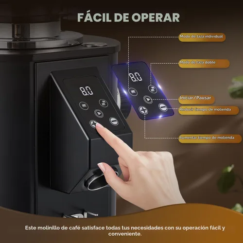 Vista 5 de Molinillo de café comercial resistente, rebabas planas SS de 2.520 in, 8 ajustes precisos, control de botón, tolva de 35 onzas, uso comercial