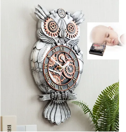 Vista 2 de Reloj de pared con péndulo, reloj de péndulo de búho steampunk de imitación de metal de imitación de reloj de pared de resina pintada a mano