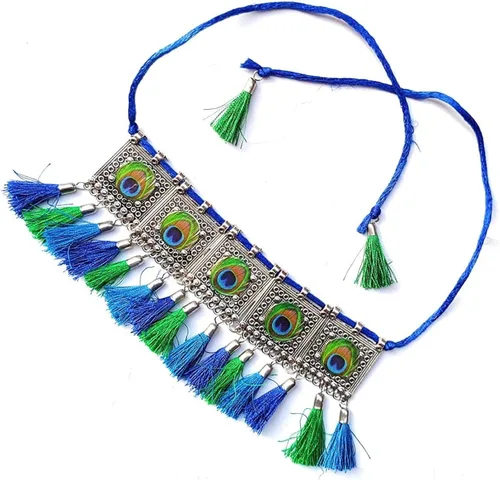 Vista 2 de Hawker indio alemán plata oxidada mujeres pavo real Chokar Neckalce