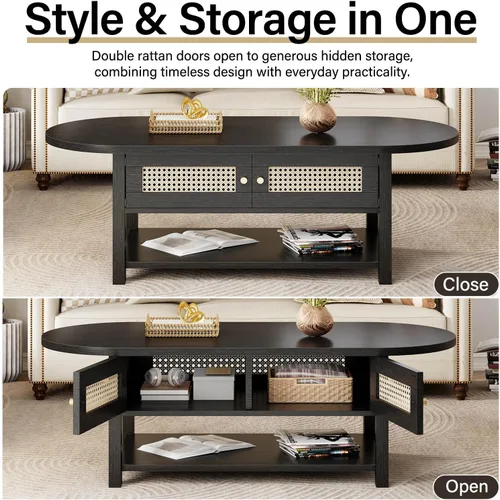 Vista 7 de LVB - Mesa de café de ratán, mesa de sala de estilo boho con almacenamiento, mesa de té de cóctel moderna ovalada de 2 niveles con puertas y estante