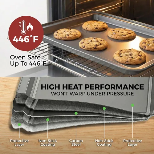 Vista 6 de Perlli Juego de 10 moldes para hornear antiadherentes de acero al carbono, gris para horno, 2 hojas de galletas, 2 moldes redondos para pasteles