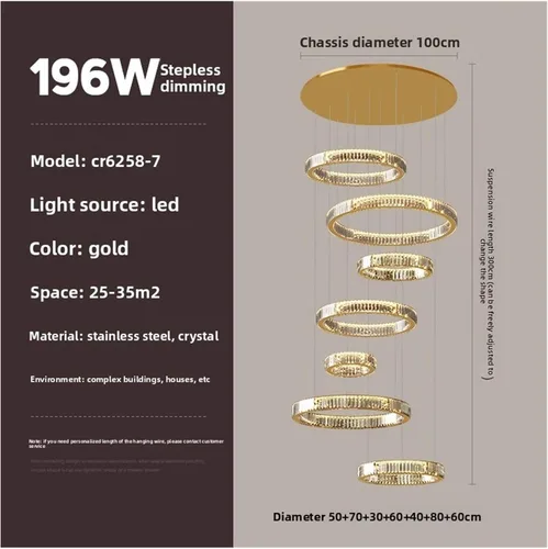 Vista 2 de Gold Crystal Modern Chandeliers Pendant Light Hanging Lamp Led for Living Indoor Lighting 7Laps D100CM H3M