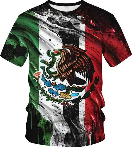 Vista 3 de Camiseta patriótica con la bandera de México para hombre, diseño de águila, colorido, gráfico, verano, manga corta