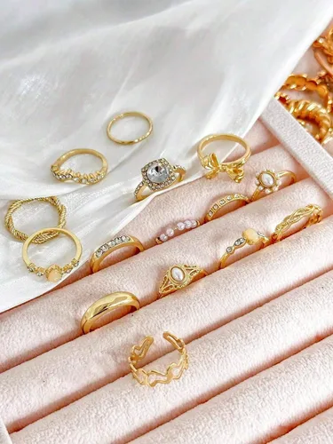 Vista 3 de Juego de anillos apilables con lazo de estilo bohemio, 15 piezas, joyería de moda para mujer, regalo para fiestas de vacaciones, uso diario