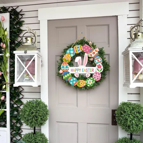 Vista 5 de Decoración de Pascua de madera para decoración de puerta delantera, letrero de Pascua, decoración de primavera, letrero de conejo, flor de huevo