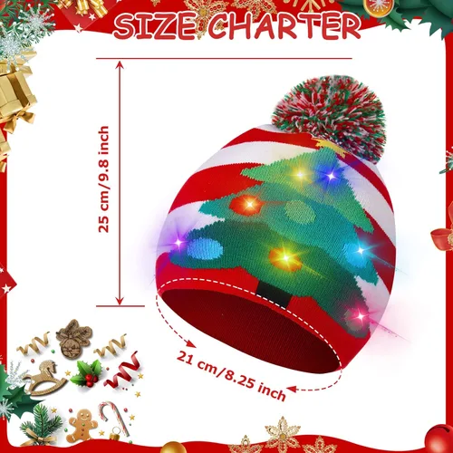 Vista 2 de SATINIOR 4 piezas de luces de Navidad, gorro de punto, gorro de Navidad con luces LED, sombrero de nieve LED, novedoso sombrero de invierno