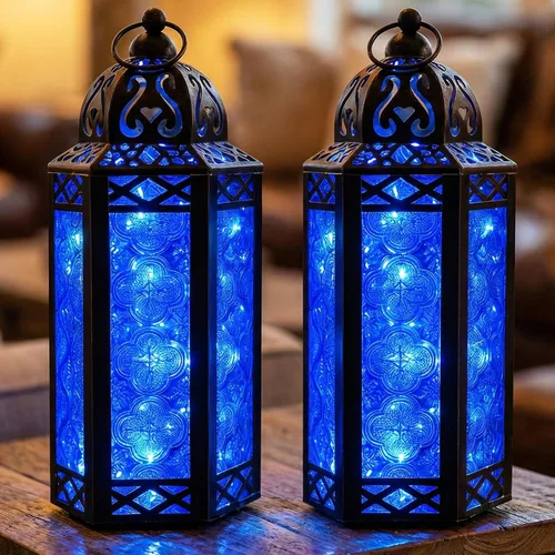Vista 71 de VELA LANTERNS Juego de 2 portavelas decorativos de LED con luces de hadas de 12" de metal marroquí para colgar o mesa, decoración del hogar