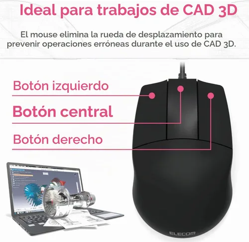 Vista 2 de ELECOM - Marca japonesa- Conexión por cable, mouse básico 3D-CAD, sin rueda de desplazamiento, mouse de computadora de 3 botones con seguimiento