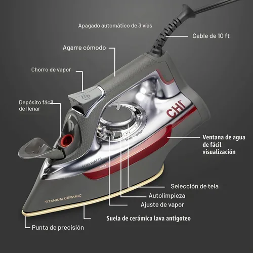 Vista 7 de CHI Plancha profesional de vapor para ropa con ráfaga de vapor vertical, suela de cerámica de titanio, más de 300 agujeros de vapor, 1700 vatios