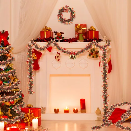 Vista 3 de Guirnalda de Navidad de 50 pies de rojo y verde con adornos de hombre de jengibre, guirnalda metálica gruesa y brillante para árbol, chimenea