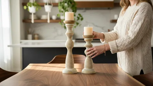 Vista 9 de Portavelas de pilar de madera tallada a mano encalada, juego de 3, estilo decorativo de Chennai, hecho de madera de mango, decoración rústica