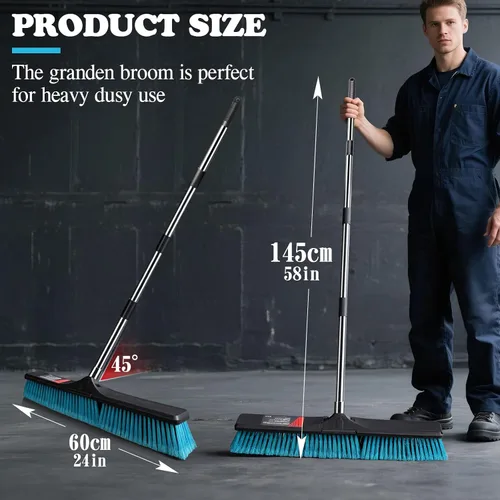 Vista 5 de MASTERTOP 24" Heavy Duty Push Broom with Ultra-Sturdy Adjustable Handle, 6-Layer Stiff Bristles Garden Yard Broom, Outdoor Sweeping Brush for