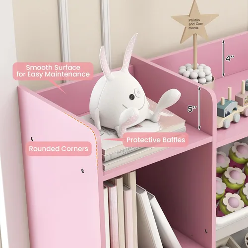 Vista 6 de HONEY JOY Organizador de almacenamiento de juguetes para niños, armario de almacenamiento de piso de madera con 8 contenedores extraíbles, estante