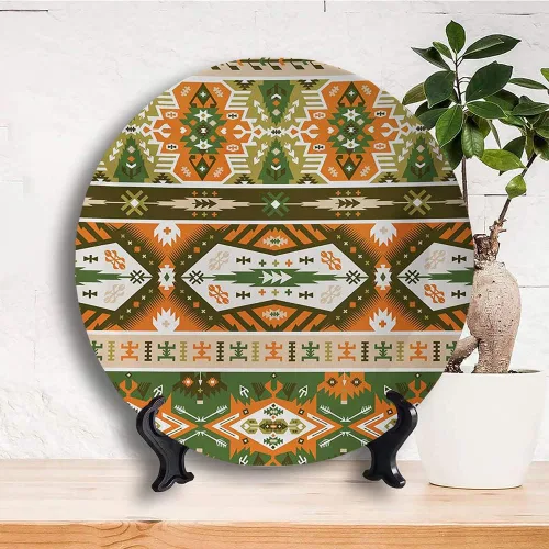 Vista 3 de Platos decorativos, adorno con estampado tribal, diseño de rayas estilo de cultura maya azteca, 6 pulgadas, 1 plato con 1 soporte de exhibición