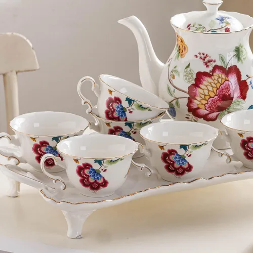 Vista 5 de Juego de 4 tazas de té de cerámica, tazas de café y platillos (azul y rojo)