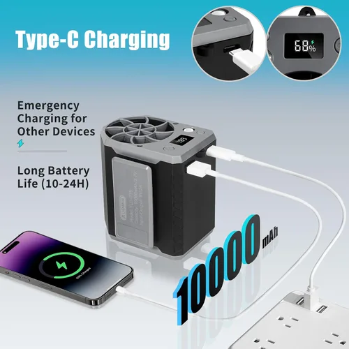Vista 2 de Ventilador de cintura portátil, ventilador de clip de cinturón recargable de 10000 mAh, 10000 rpm, 4 velocidades, tiempo de trabajo 24 horas, diseño