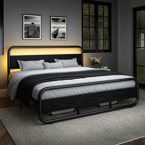 Vista 19 de Catrimown - Marco para cama individual con luces LED, marco de cama plataforma individual resistente de metal rústico con cabecera de madera