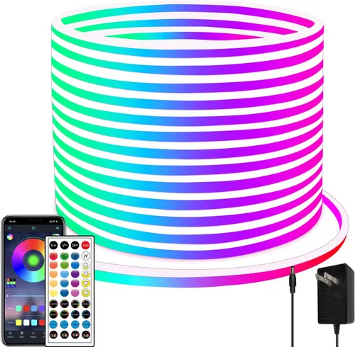 Vista 9 de Tira de luces LED de neón, tira de luces LED alimentada por USB de 6.6 pies, luz de cuerda RGB de cambio de color de 5V con sincronización de música