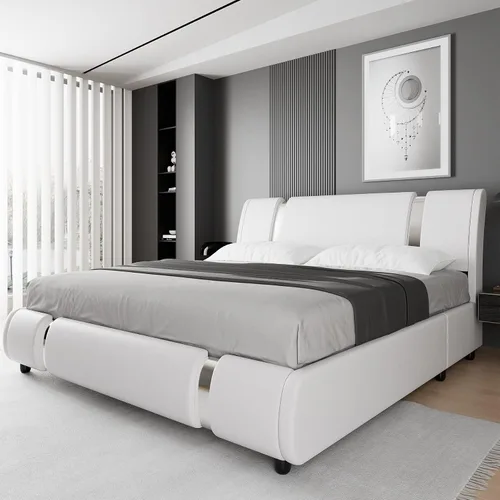 Vista 10 de TTVIEW Moderna base de cama tapizada de piel sintética con decoración de metal de hierro dorado, cabecera curvada ajustable, soporte de listones