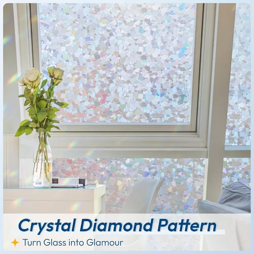Vista 69 de rabbitgoo - Película de privacidad para ventanas con diseño de arco iris y vidrio manchado, patrón de diamante, calcomanía no adhesiva con tinte