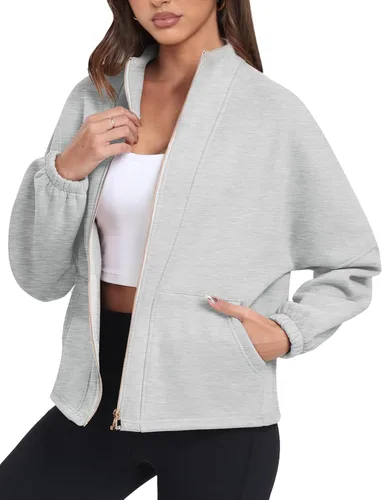 Vista 2 de Sudadera sin capucha para mujer, chaqueta de forro polar con cremallera completa con bolsillos para otoño e invierno 2023 a la moda