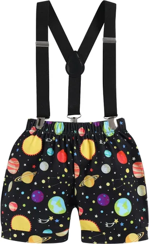 Vista 3 de IMEKIS Traje espacial de primer cumpleaños para bebés niños + pantalones cortos con tirantes, astronautas, accesorios para fotos