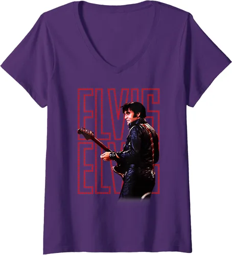 Vista 8 de Camiseta con cuello en V oficial de Elvis Presley 68 Comeback Special para mujer Negro