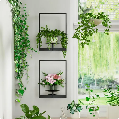 Vista 14 de Soporte para plantas de pared de metal negro, paquete de 2 soportes para plantas montados en la pared y soportes colgantes para macetas
