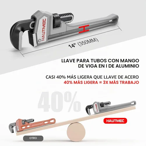 Vista 2 de HAUTMEC Llave de tubo recta de aluminio de 14 pulgadas, llave de fontanería ajustable, capacidad de mandíbula de 2 pulgadas, llave de tubería