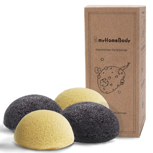 Vista 10 de myHomeBody Esponjas faciales naturales de Konjac - para una limpieza y exfoliación facial suave - con carbón activado y aloe vera, juego de 4