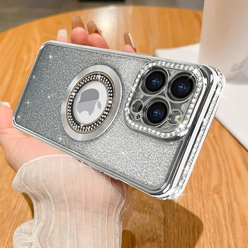 Vista 11 de Losin Funda magnética compatible con iPhone 15 Pro Max con purpurina compatible con MagSafe Funda de lujo con diamantes de imitación con logotipo