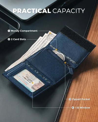 Vista 25 de VULKIT Cartera de cuero minimalista con bloqueo Rfid triple billetera delgada para tarjetas de crédito con 3 ventanas de identificación y bolsillo