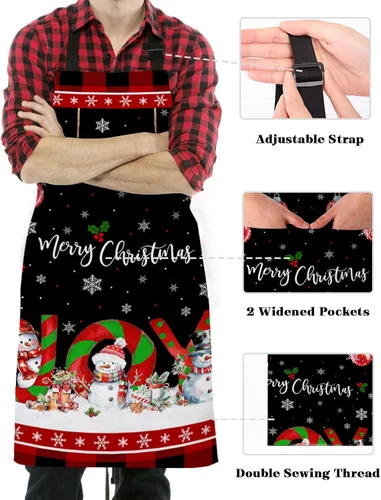 Vista 3 de Christmas Bib Aprons with Pockets Waterproof, Adjustable Apron for Men Women Joy Xmas Tree Snowman Winter Snowflake Red Black Plaid