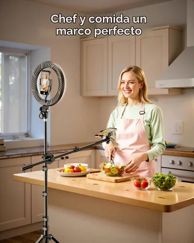 Vista 3 de LUXSURE Anillo de luz con trípode de 62 pulgadas para grabación de video, trípode de luz de anillo de 10.5 pulgadas para iPhone con 2 posiciones
