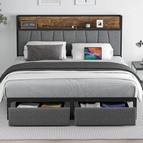 Vista 8 de CIKUNASI Base de cama tamaño Queen con cabecero y cajones de almacenamiento, base de cama con estación de carga de almacenamiento, marco de cama