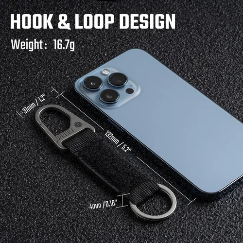 Vista 5 de KeyUnity Titanium Carabiner Keychain Nylon Webbing Molle Clip with Hook & Loop Panel for PVC Morale Patches